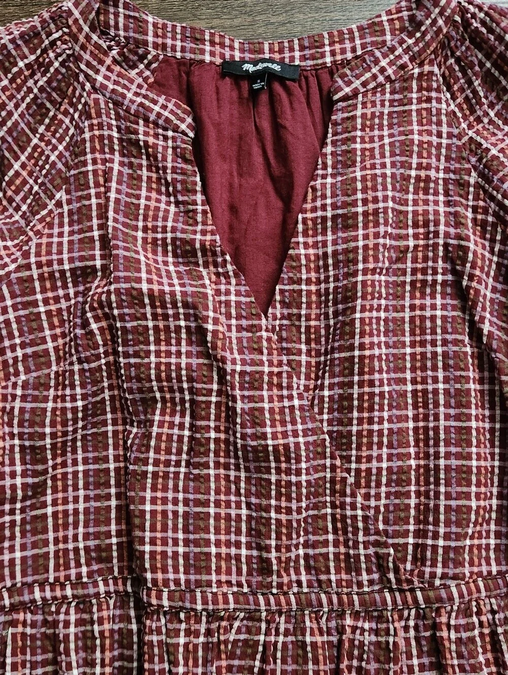 NWOT Madewell Burgundy Plaid Tiered Long-Sleeve Dress, Size S